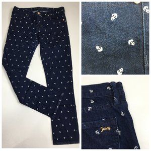 JUICY COUTURE Dark Wash White Anchor Embroidery Gold Logo Hardware Skinny Jeans